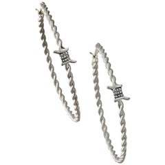 Wendy Brandes Barbed Wire Platinum Hoops With Satin Finish and Diamond Accents