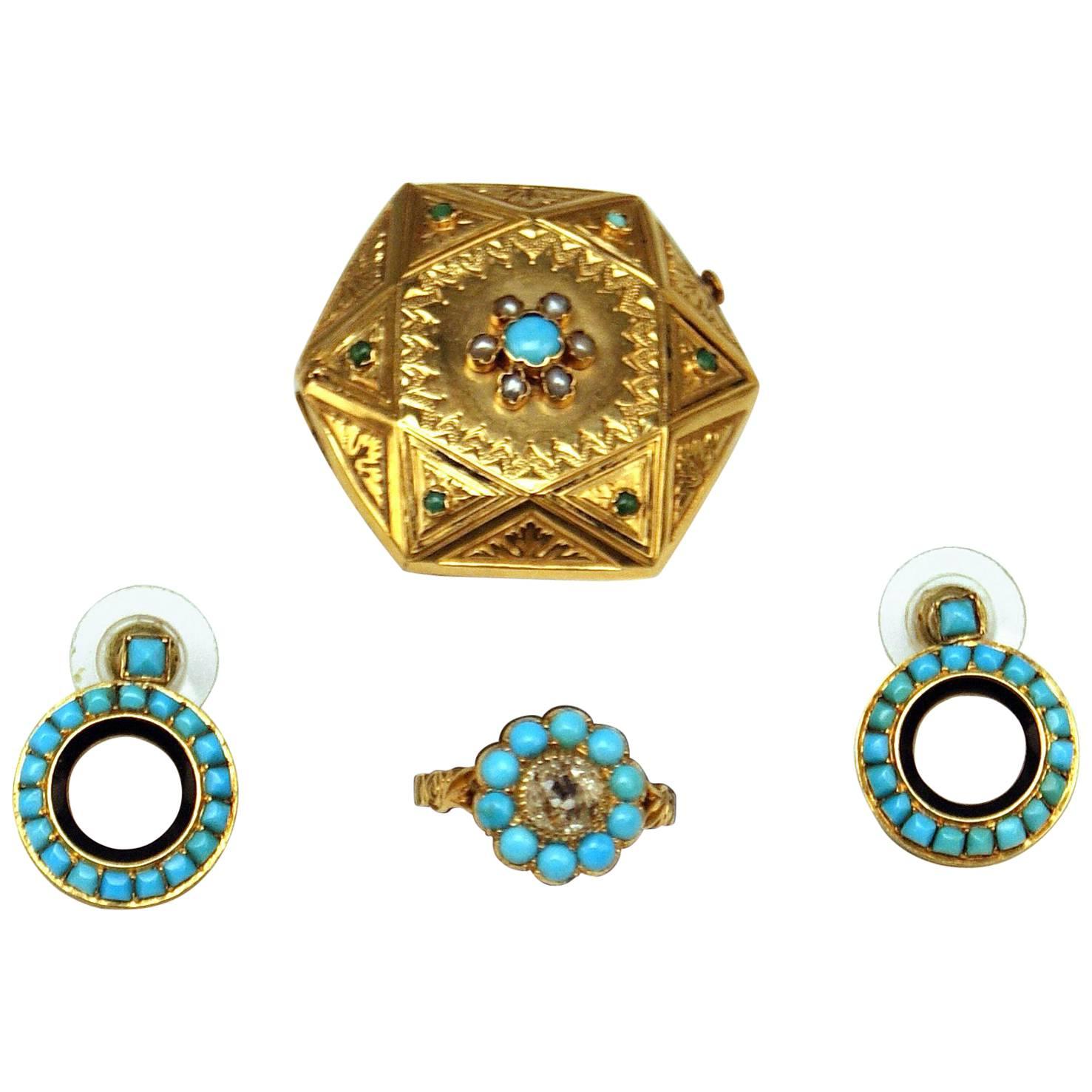 Drop Earring Brooch Ring Jewelry Set Gold Turquoises Pearls Diamond, Vienna 1890 For Sale