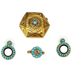 Drop Earring Brooch Ring Jewelry Set Gold Turquoises Pearls Diamond, Vienna 1890