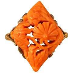 Antique Late Victorian Carved Coral Ring in 9 Carat Yellow Gold
