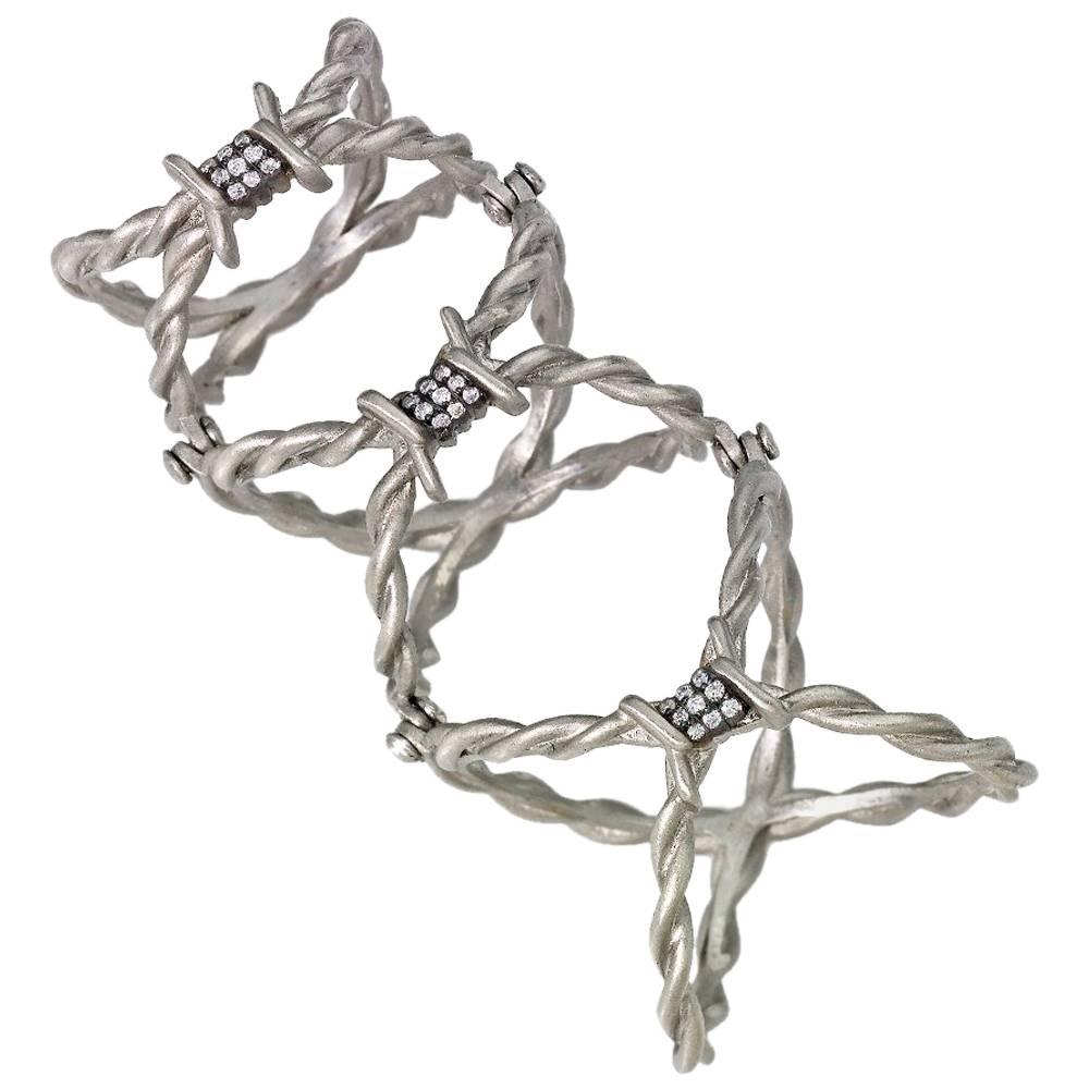 Wendy Brandes Full-Finger Hinged Barbed Wire Motif Ring In Platinum and Diamonds