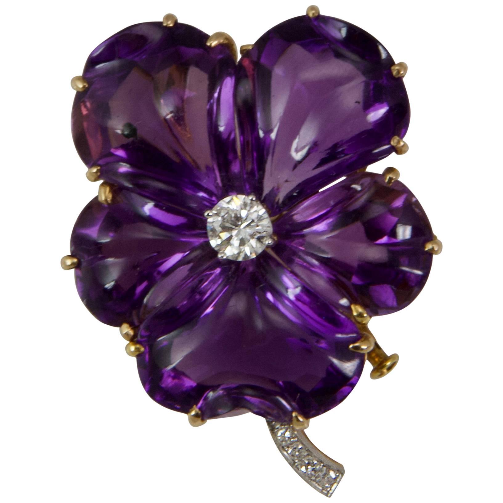 European Yellow Gold Amethyst and Diamond Pansy Brooch For Sale