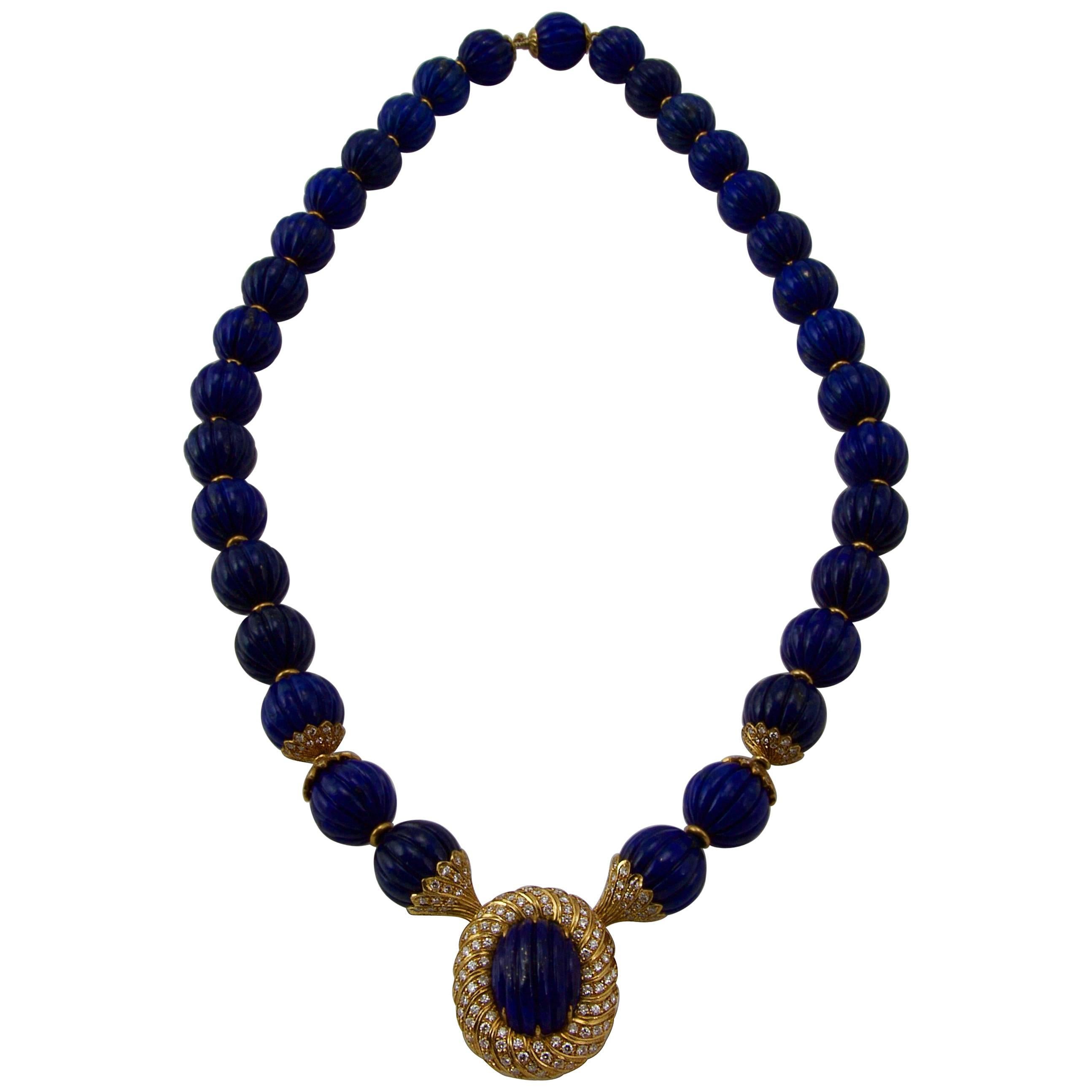 Lapis and Diamond Yellow Gold Necklace by Missaglia For Sale