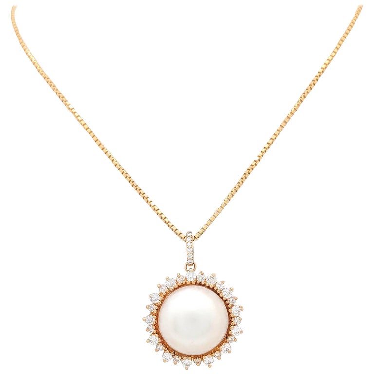 14 Karat Yellow Gold Mabe Pearl and Diamond Pendant Necklace .75 Carat ...