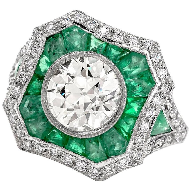 Diamond Emerald Platinum Engagement Ring For Sale at 1stDibs