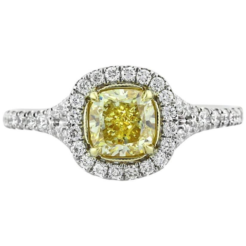 Mark Broumand 1.57 Carat Fancy Yellow Cushion Cut Diamond Engagement Ring
