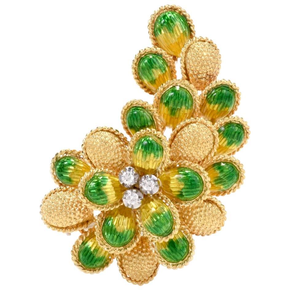 1970s Botanical 18-Karat Yellow Gold Diamond Enamel Brooch