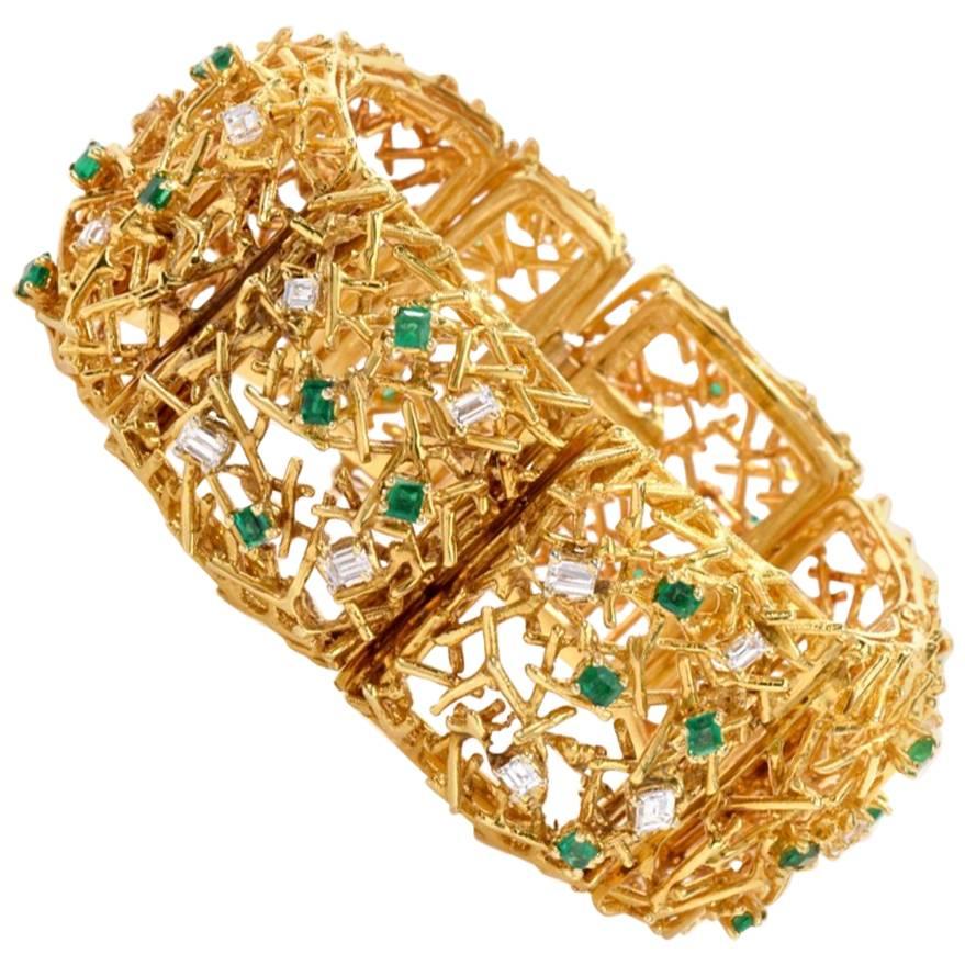 1970s Diamond Emerald 18 Karat Yellow Gold Wide Bracelet