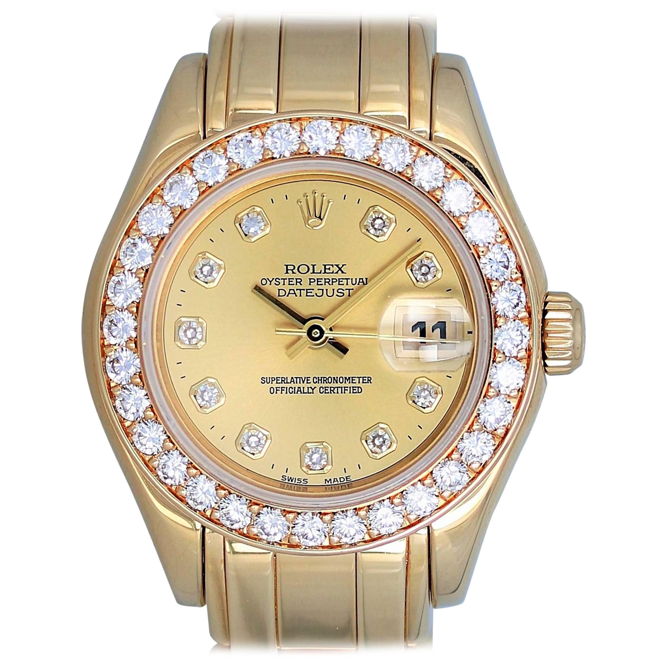 Rolex Ladies Yellow Gold Diamond Pearlmaster Champagne Dial Automatic Wristwatch For Sale