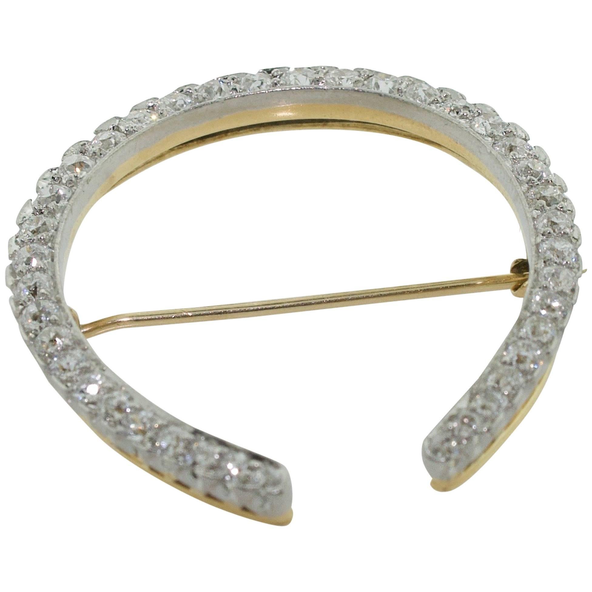 "Lucky" Horseshoe" Brooch in Platinum on 18 Karat Yellow Gold, circa 1915 For Sale