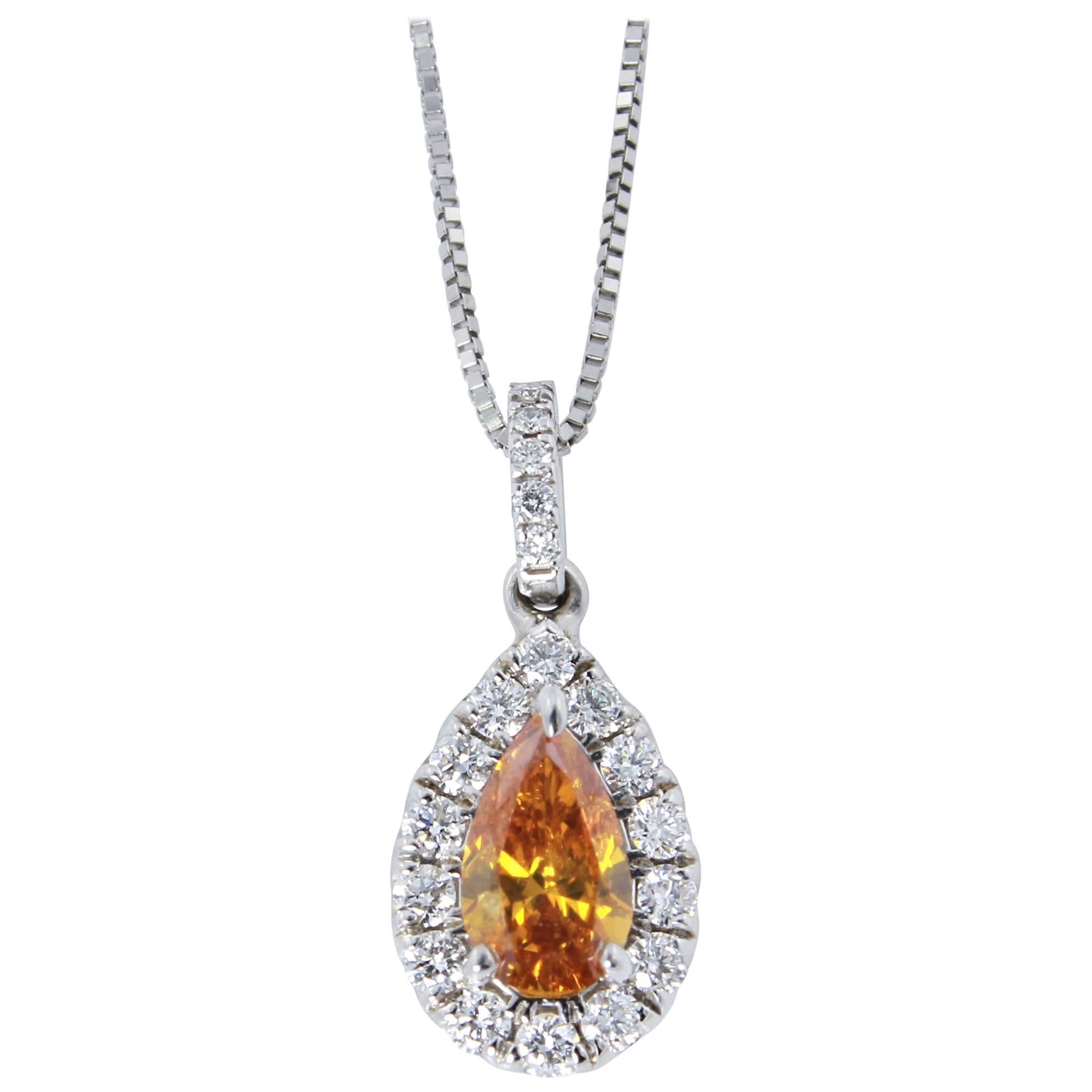 GIA Certified .44 ct Natural Yellowish Orange Pear Shape Diamond 14kt Pendant For Sale