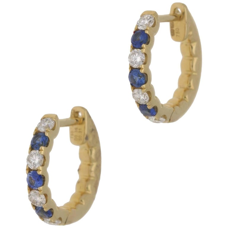 18 Karat Gold Sapphire Diamond Hoop Earrings For Sale at 1stdibs