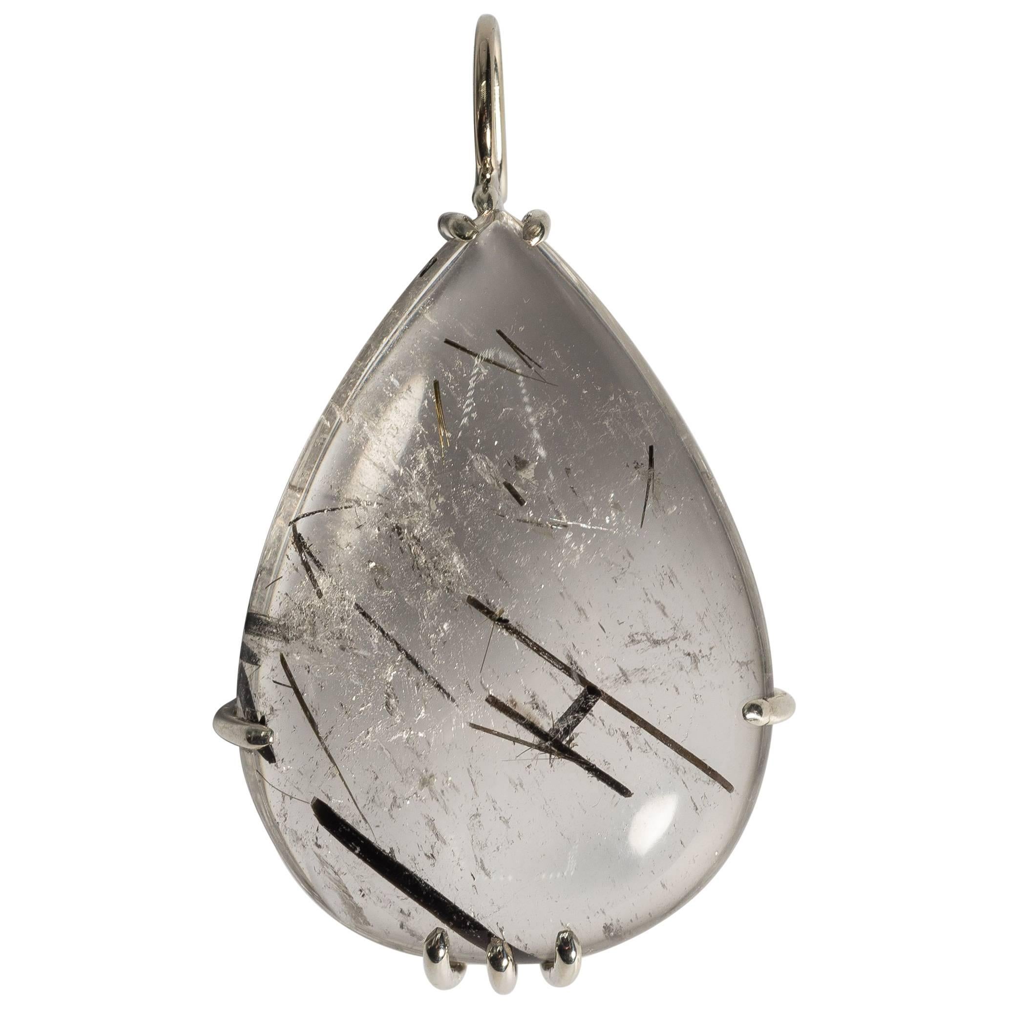 Large Pear Shape Rutilated Needle Rock Crystal Sterling Necklace Enhancer For Sale