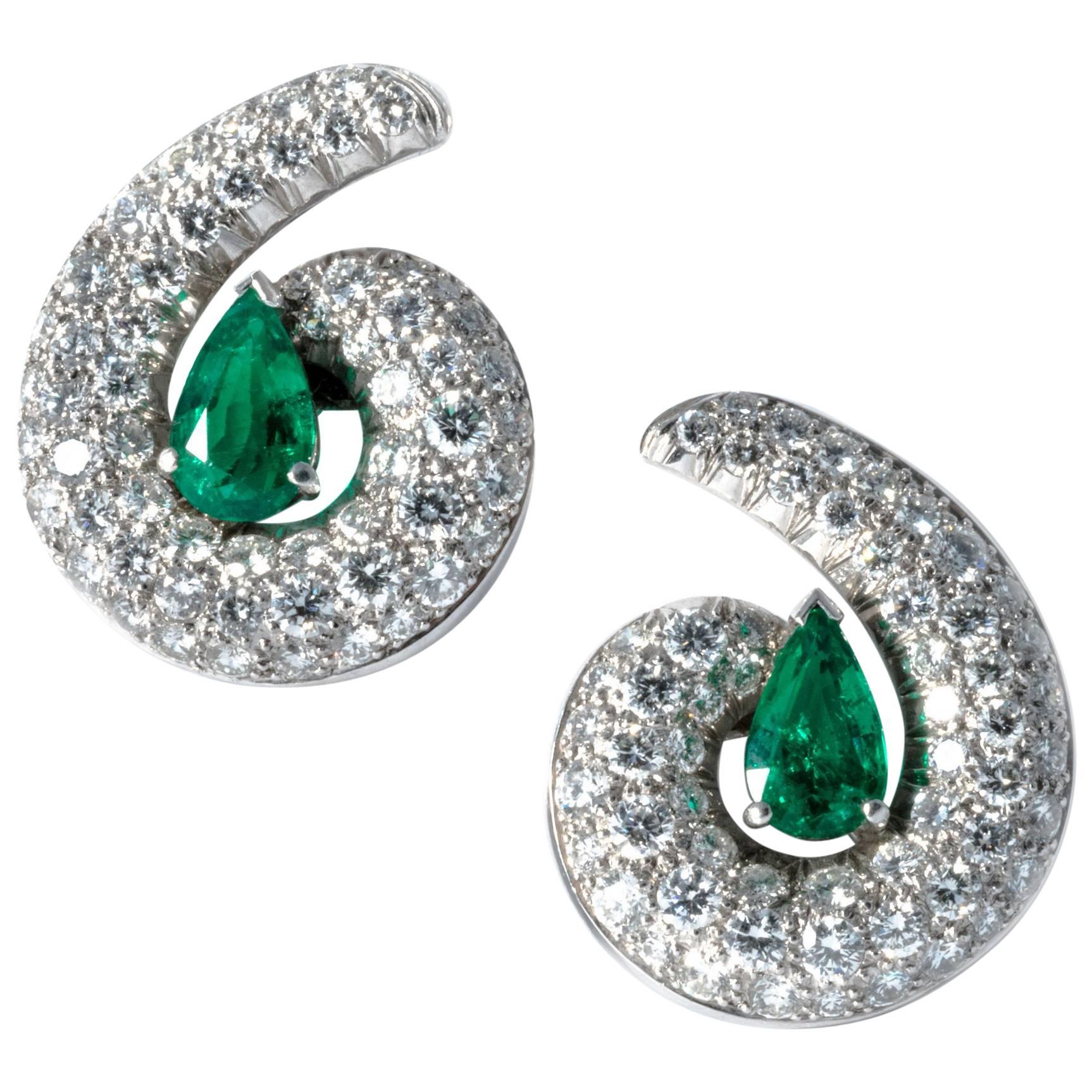 14K Gold 1990 Emerald Drops Diamond Clip-On Earrings For Sale