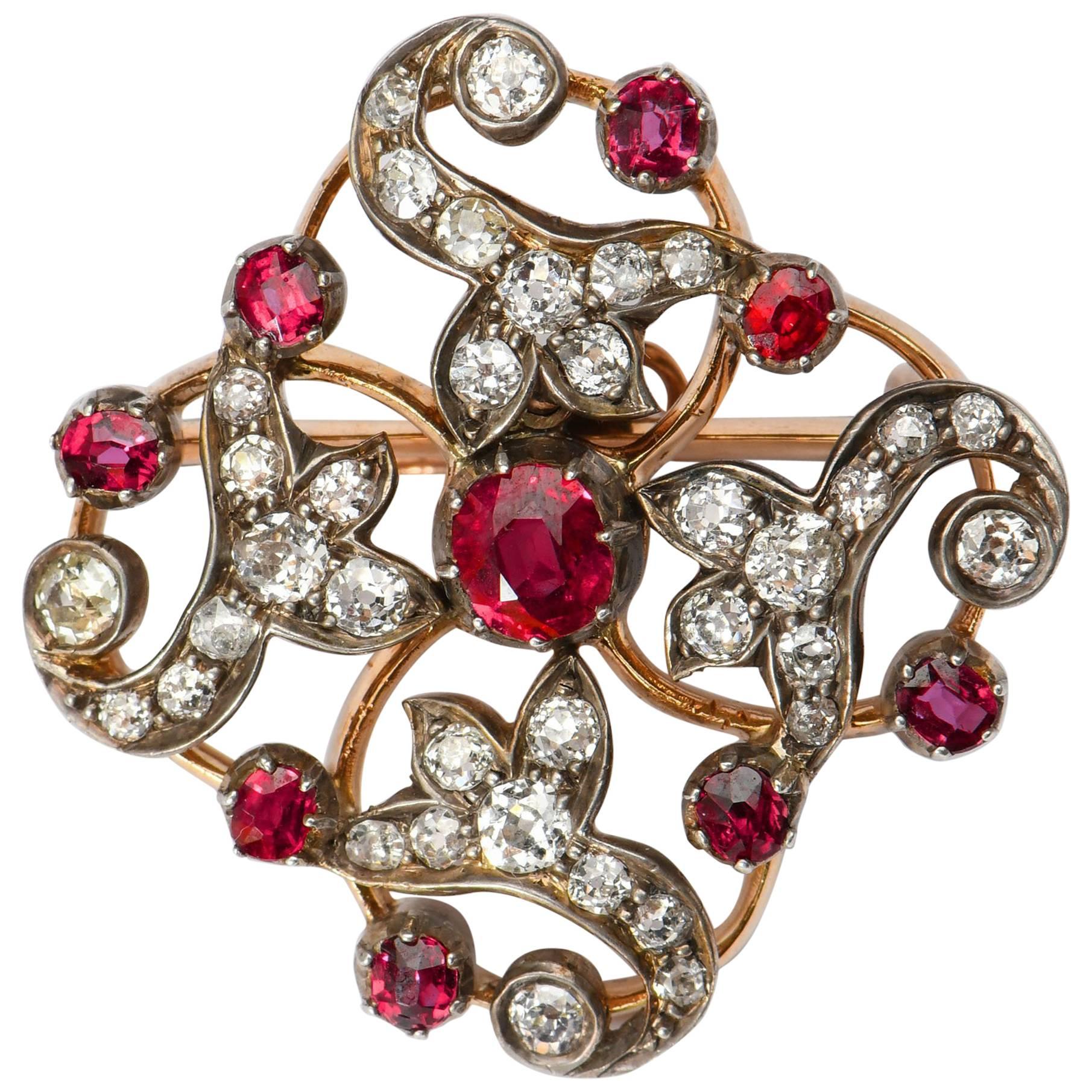 Victorian Ruby and Diamond Silver and Yellow Gold Brooch