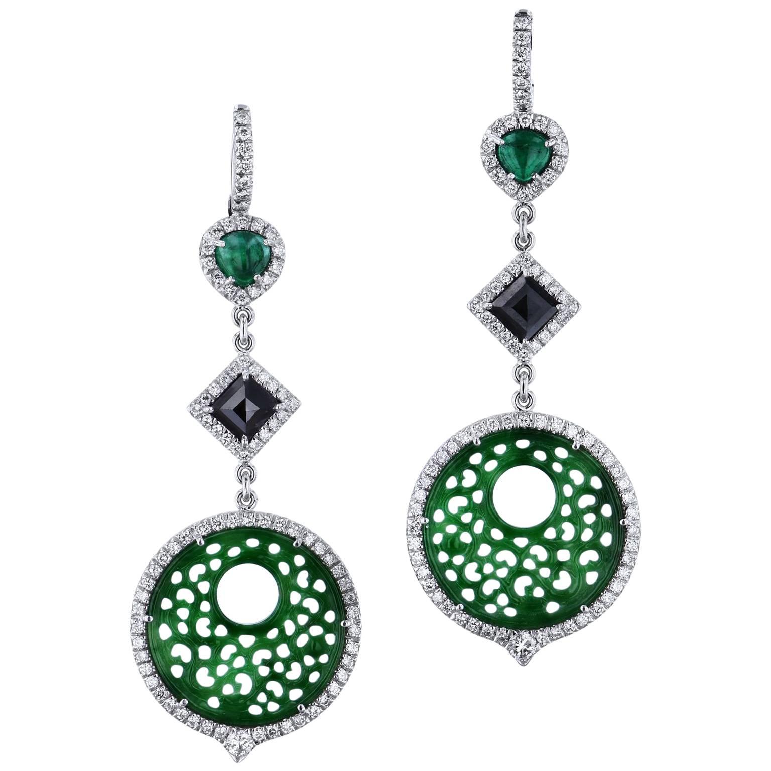 1.19 Carat Jadeite Emerald Black Diamonds Dangle Earrings For Sale