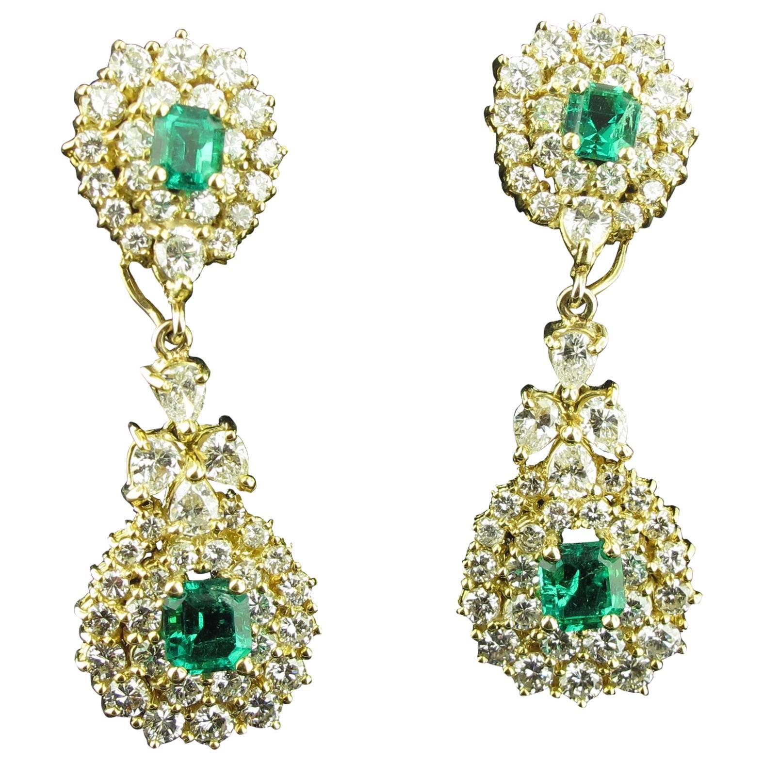Diamond and Columbian Emerald Drop Earrings Set in 18 Karat Yellow Gold