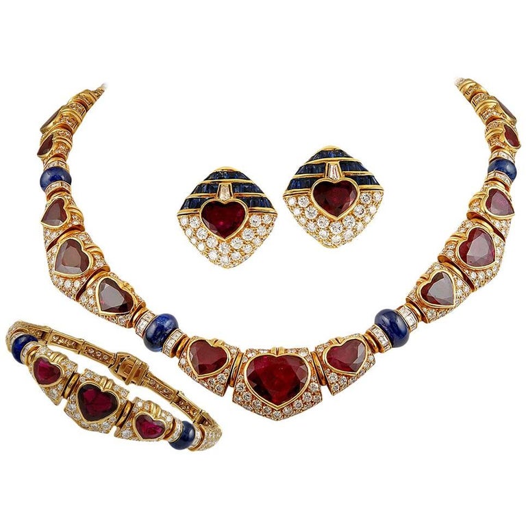 Bulgari Heart Shaped Ruby, Diamond, Sapphire Necklace For Sale at 1stdibs