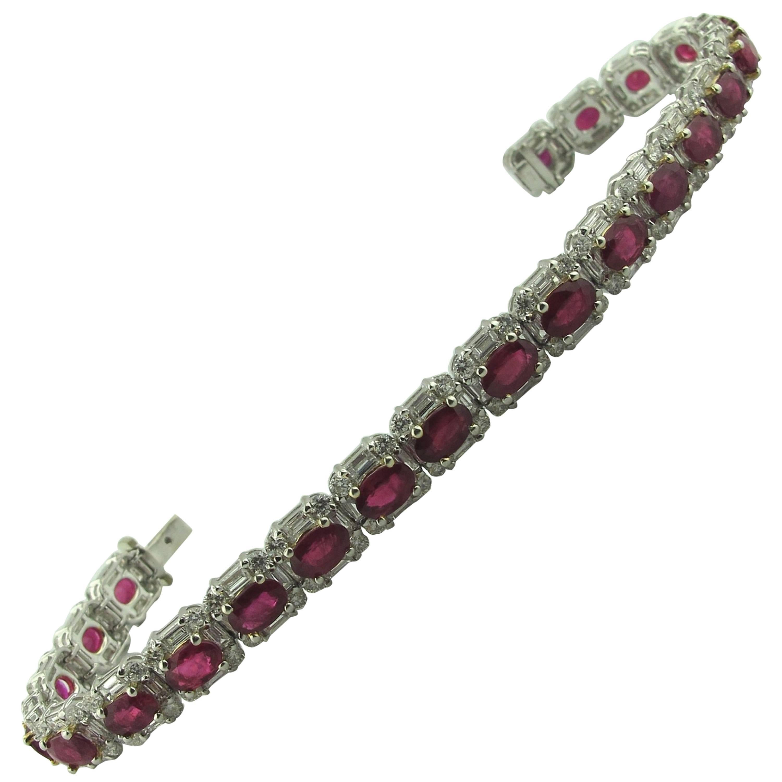 Ruby and Diamond Straight Line Bracelet Set in 18 Karat White Gold