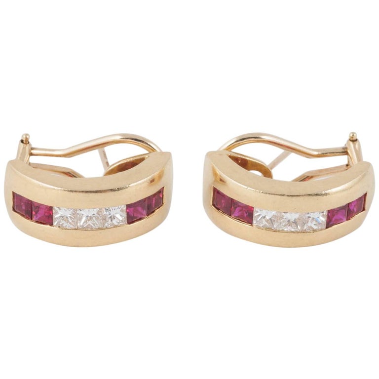 Tiffany and Co. 18 Karat Gold, Diamond and Ruby Hoop Earrings at 1stDibs