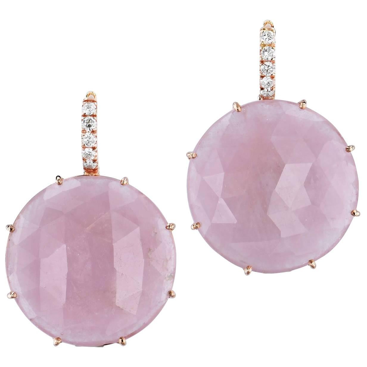 52.52 Carat Pastel Pink Sapphire Slice with Pave Diamonds Lever-Back Earrings