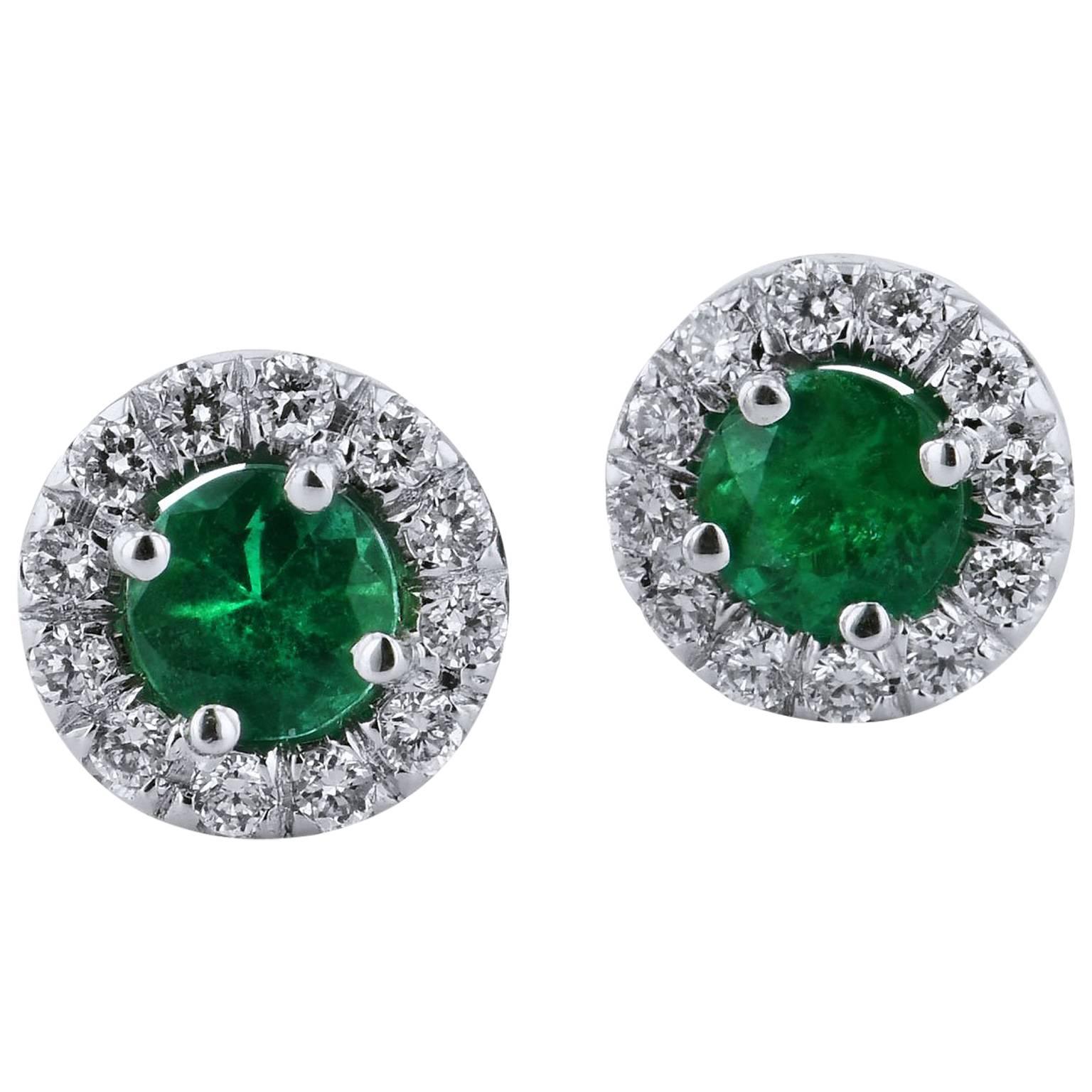H & H 0.34 Carat Emerald Stud Earrings