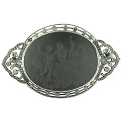 Antique Signed "Putti" Platinum Black Onyx Brooch or Pendant, circa 1920