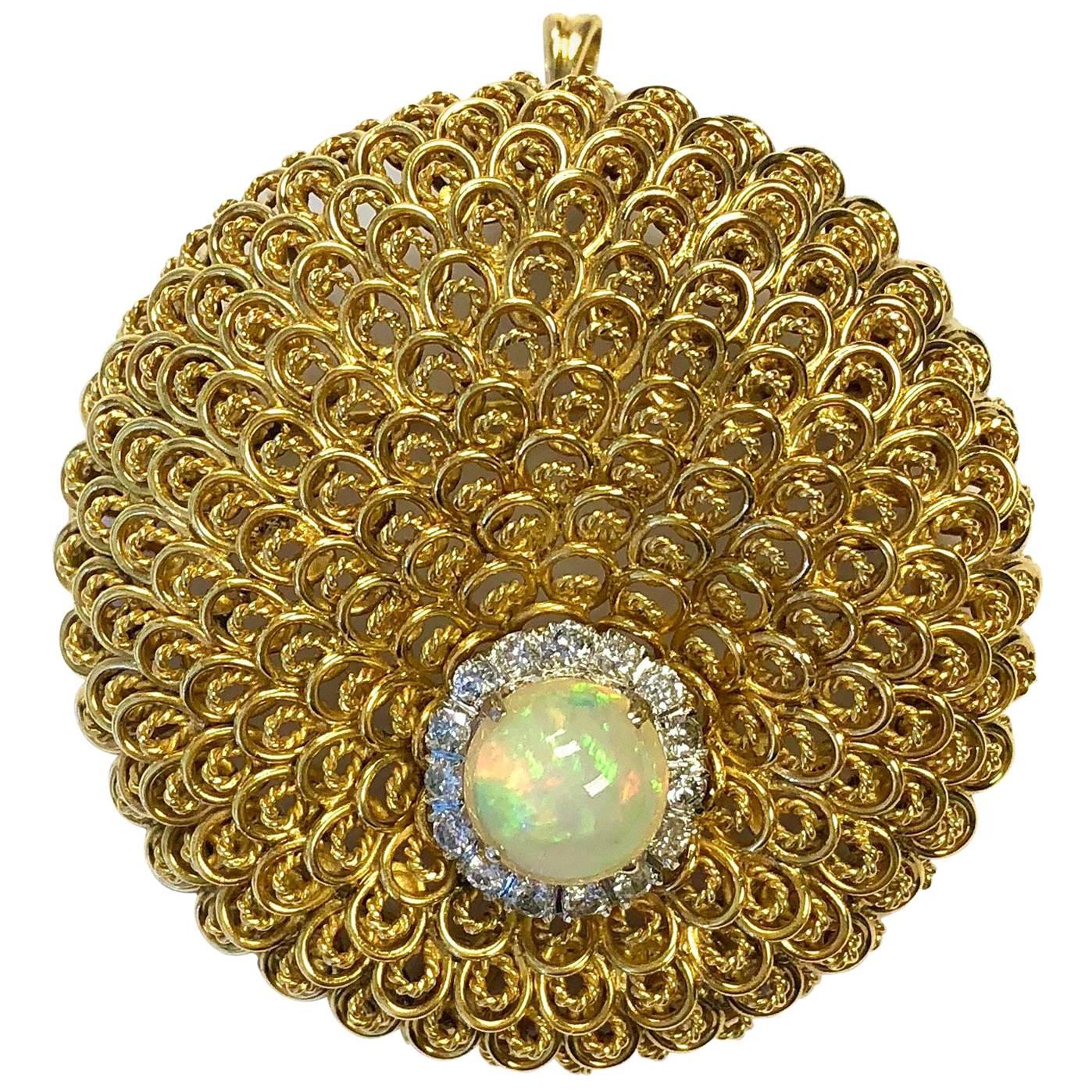 Vintage Crystal Opal and Diamond Gold Pin Pendant For Sale