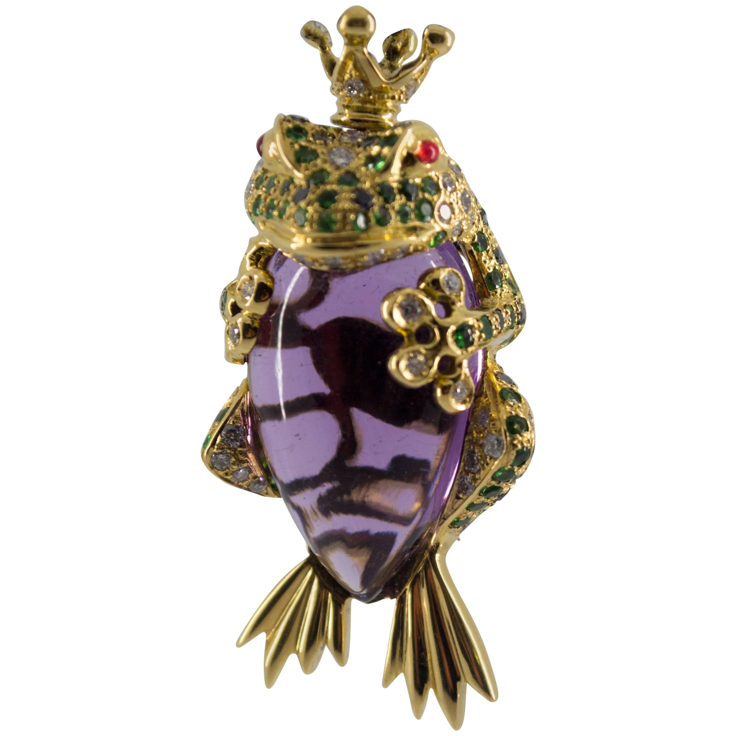 Amethyst Tsavorite Diamond Yellow Gold "Frog Prince" Pendant