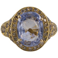 Vintage 2.80 Carat Black Diamond 5.46 Carat Blue Sapphire Yellow Gold Cocktail Ring