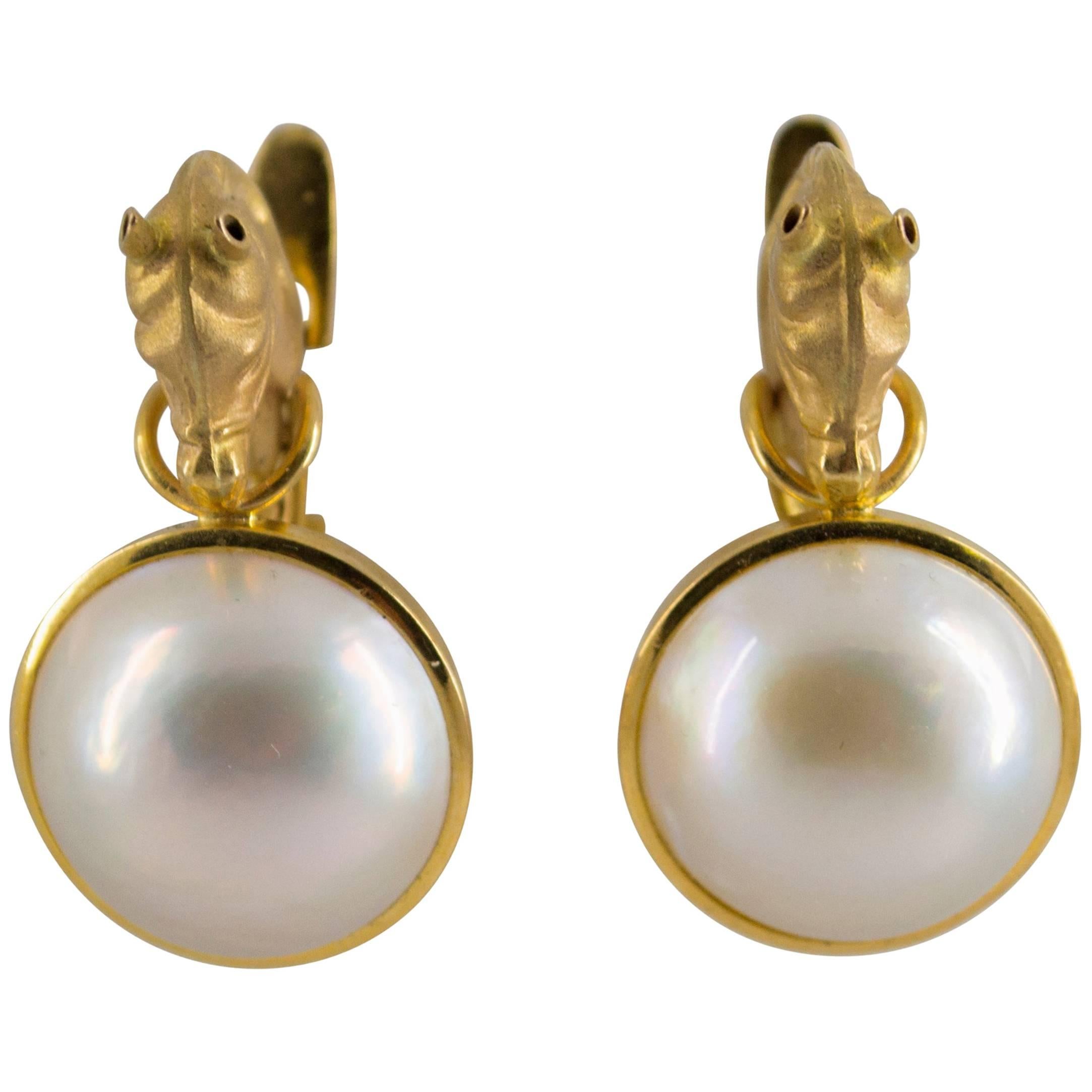 Modern Mabe Pearl Yellow Gold Horses Lever-Back Dangle Earrings