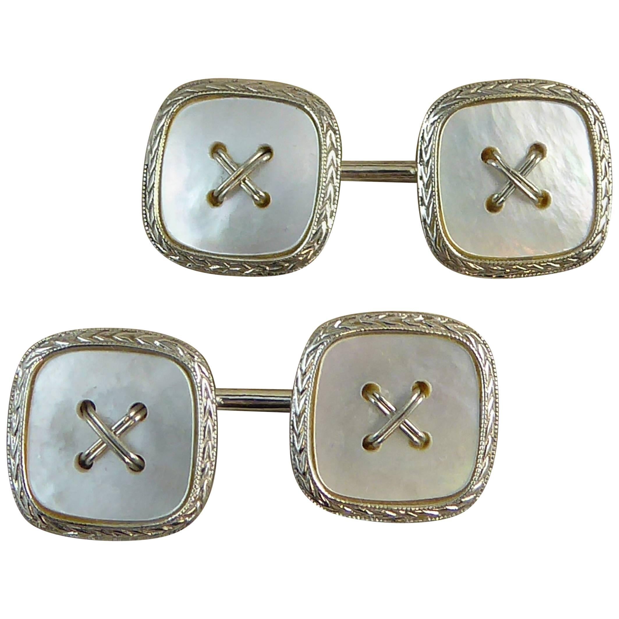 Vintage Art Deco Button Cufflinks, White Gold, Mother-of-Pearl