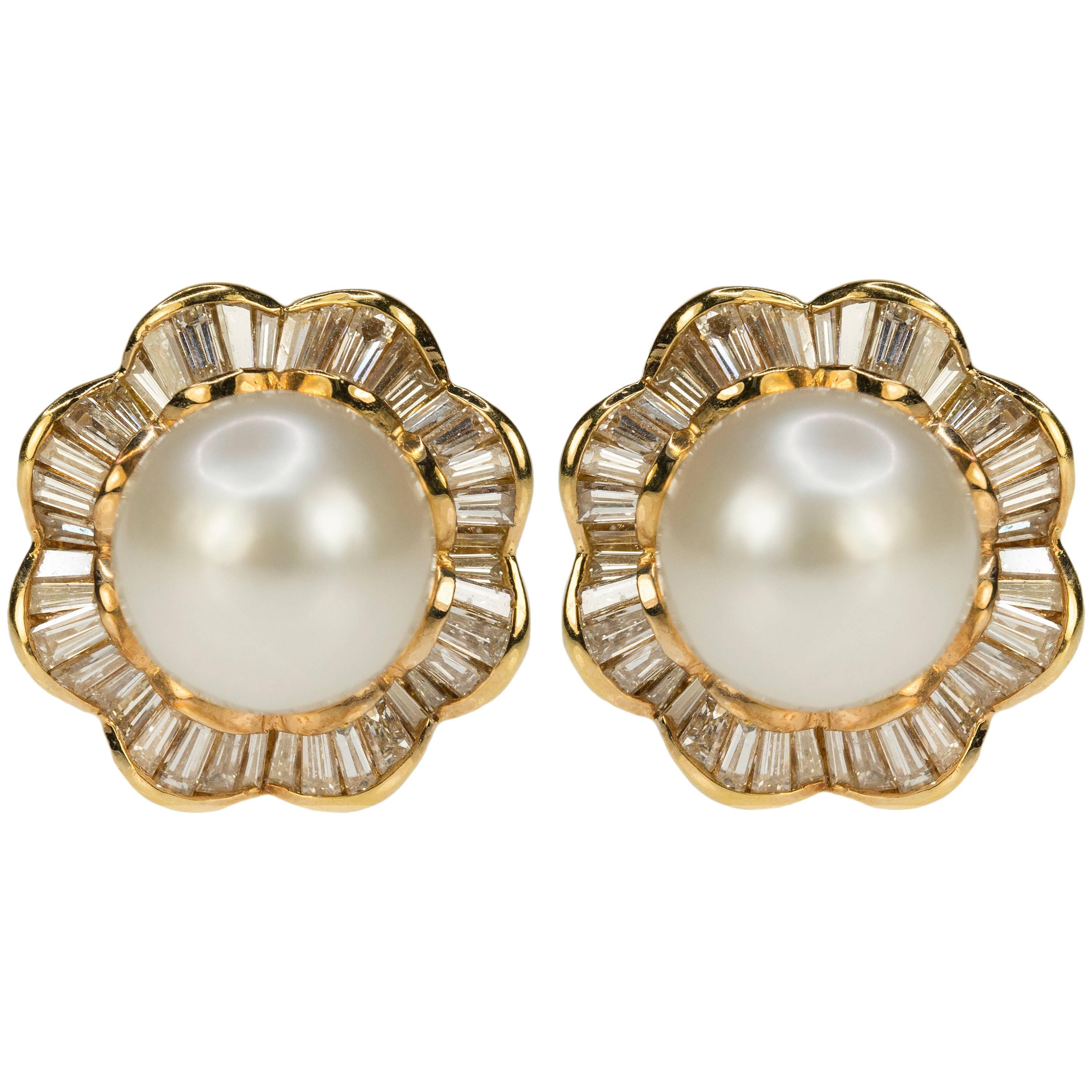18 Karat Yellow Gold South Sea Pearl and Diamond Earrings For Sale