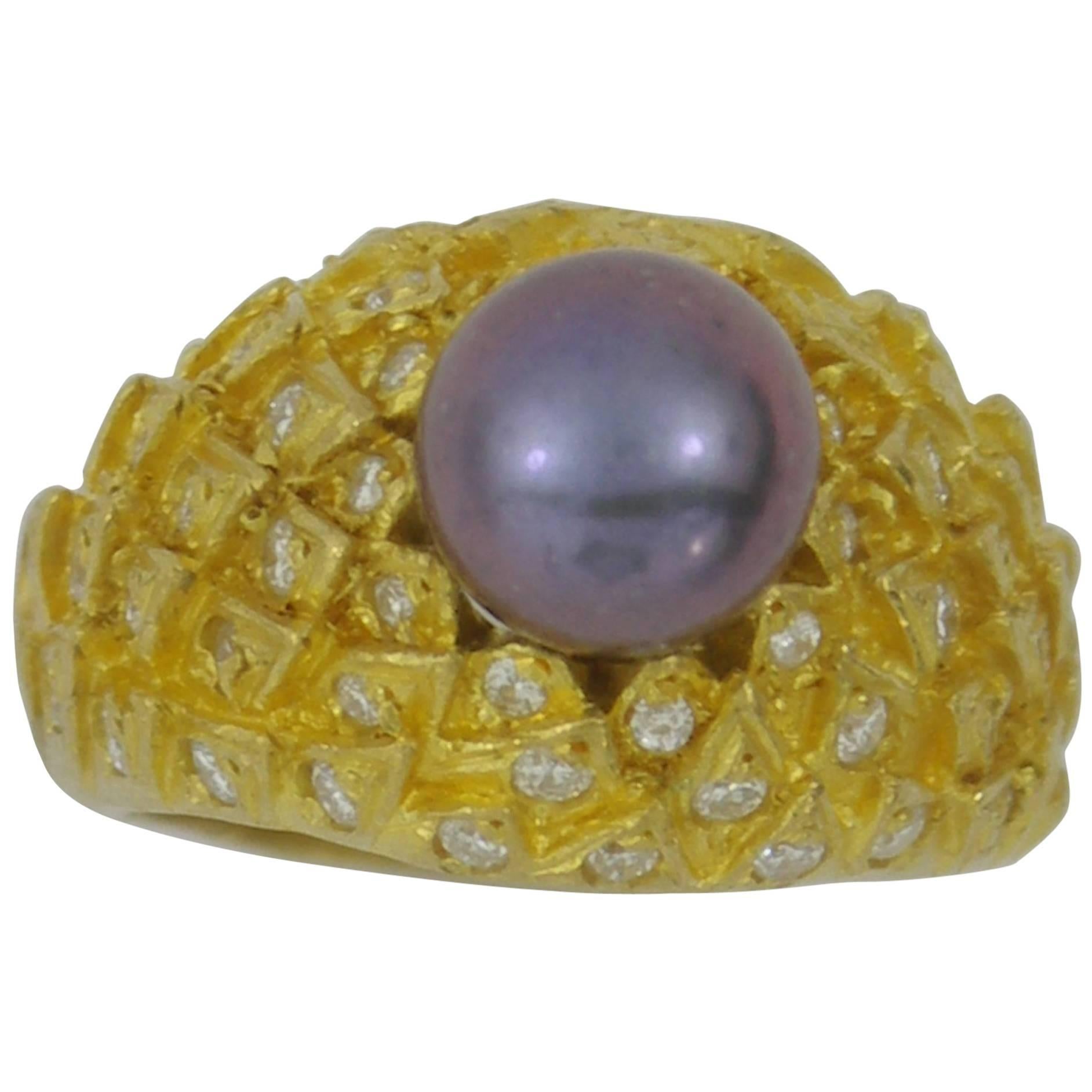Pearl Diamond Peacock Design Gold Ring