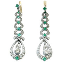 Diamond Emerald Platinum Drop Earrings