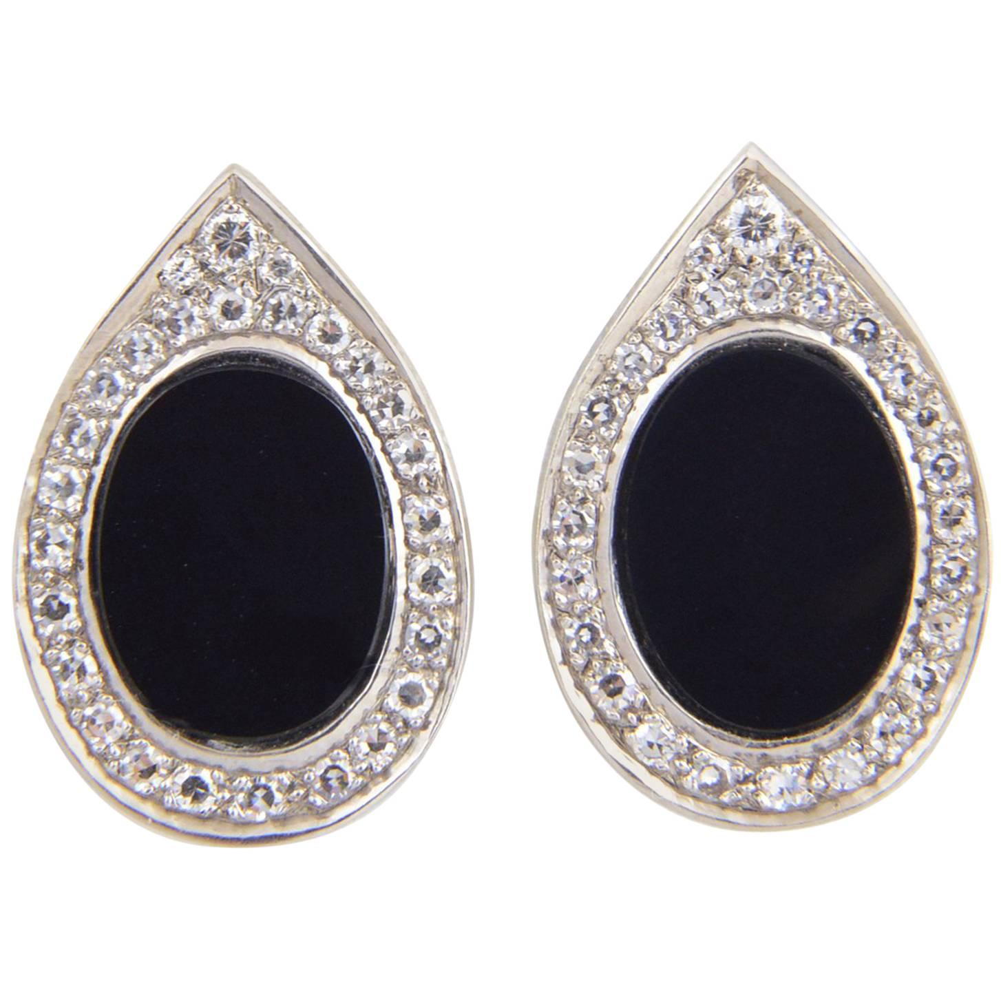 Onyx and Diamond Platinum Teardrop Earrings, circa 1970s For Sale