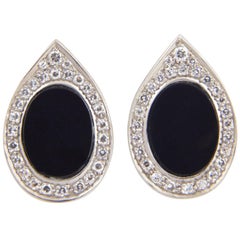 Vintage Onyx and Diamond Platinum Teardrop Earrings, circa 1970s