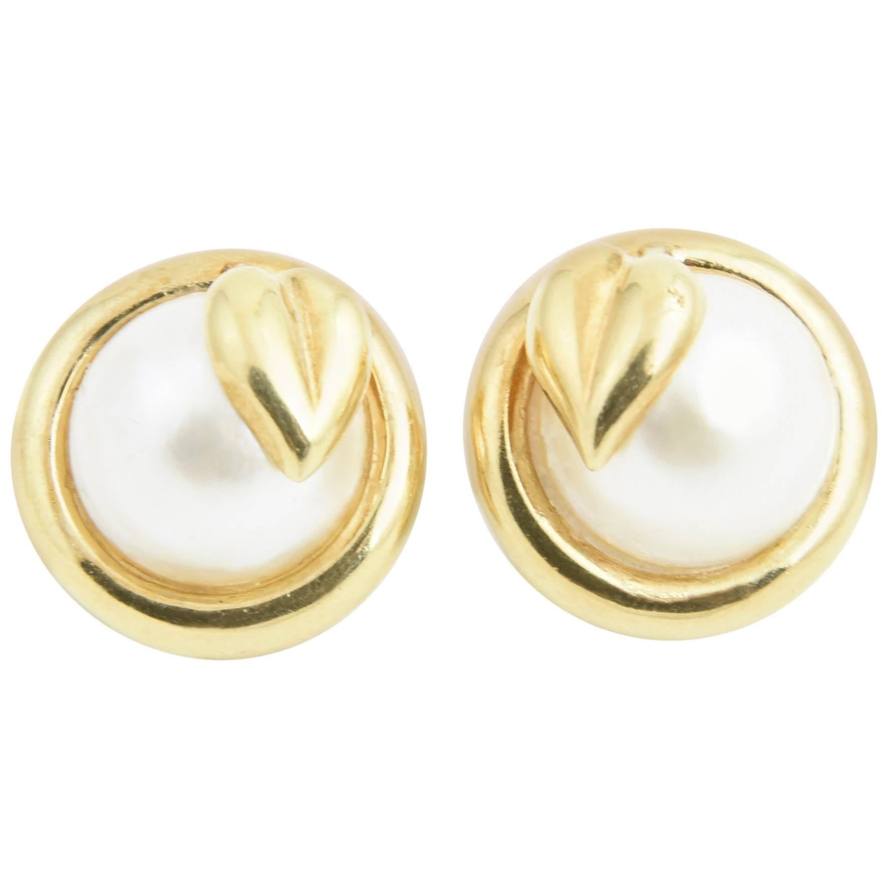 Gold Leaf and Mabe Blister Pearl Button Earrings