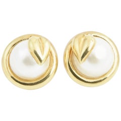 Vintage Gold Leaf and Mabe Blister Pearl Button Earrings