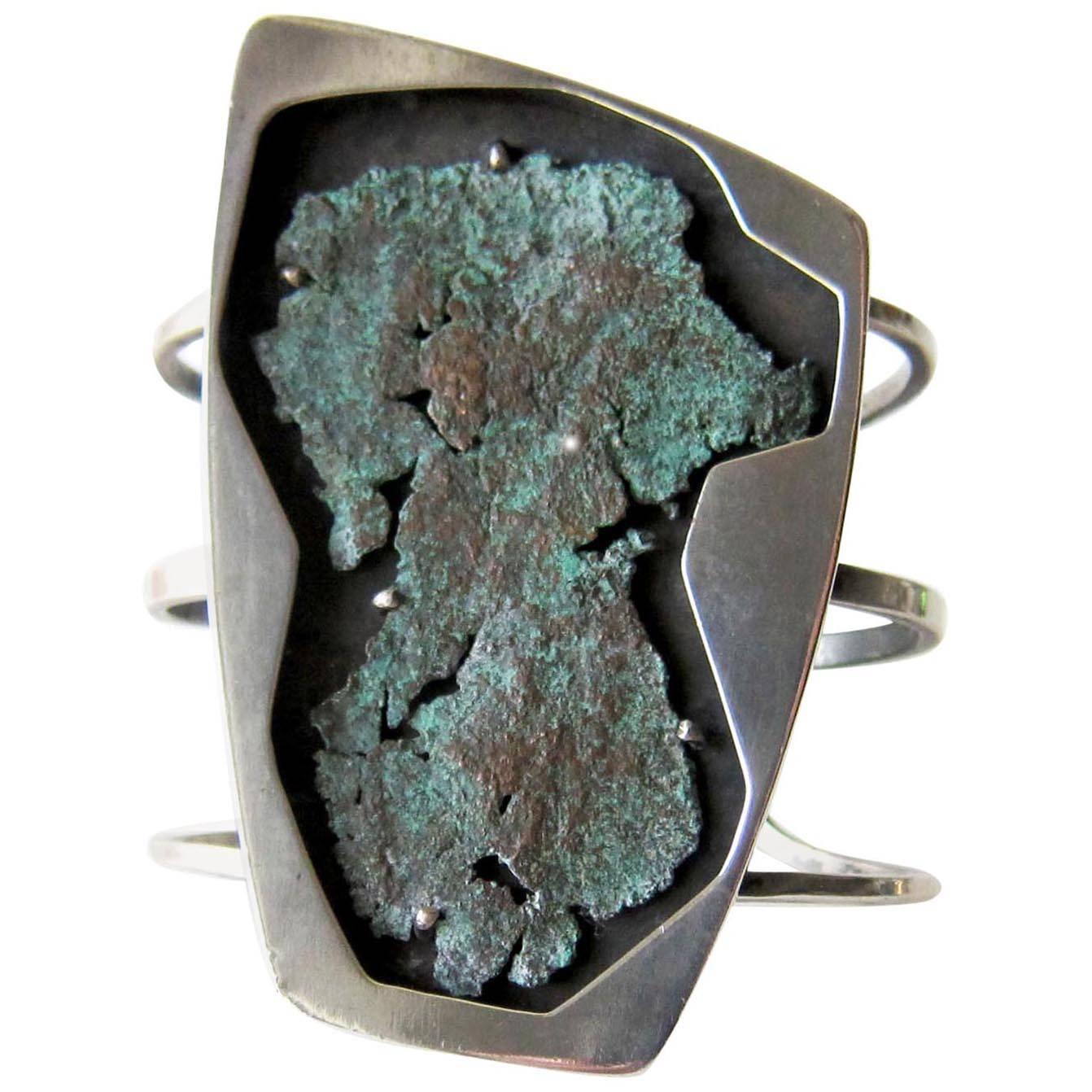 Rare Raymond Graves Sterling Silver Patinated Copper Shadowbox Cuff Bracelet For Sale