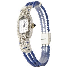Ladies Platinum Diamond Sapphire Filigree Art Deco Dress Wrist Watch