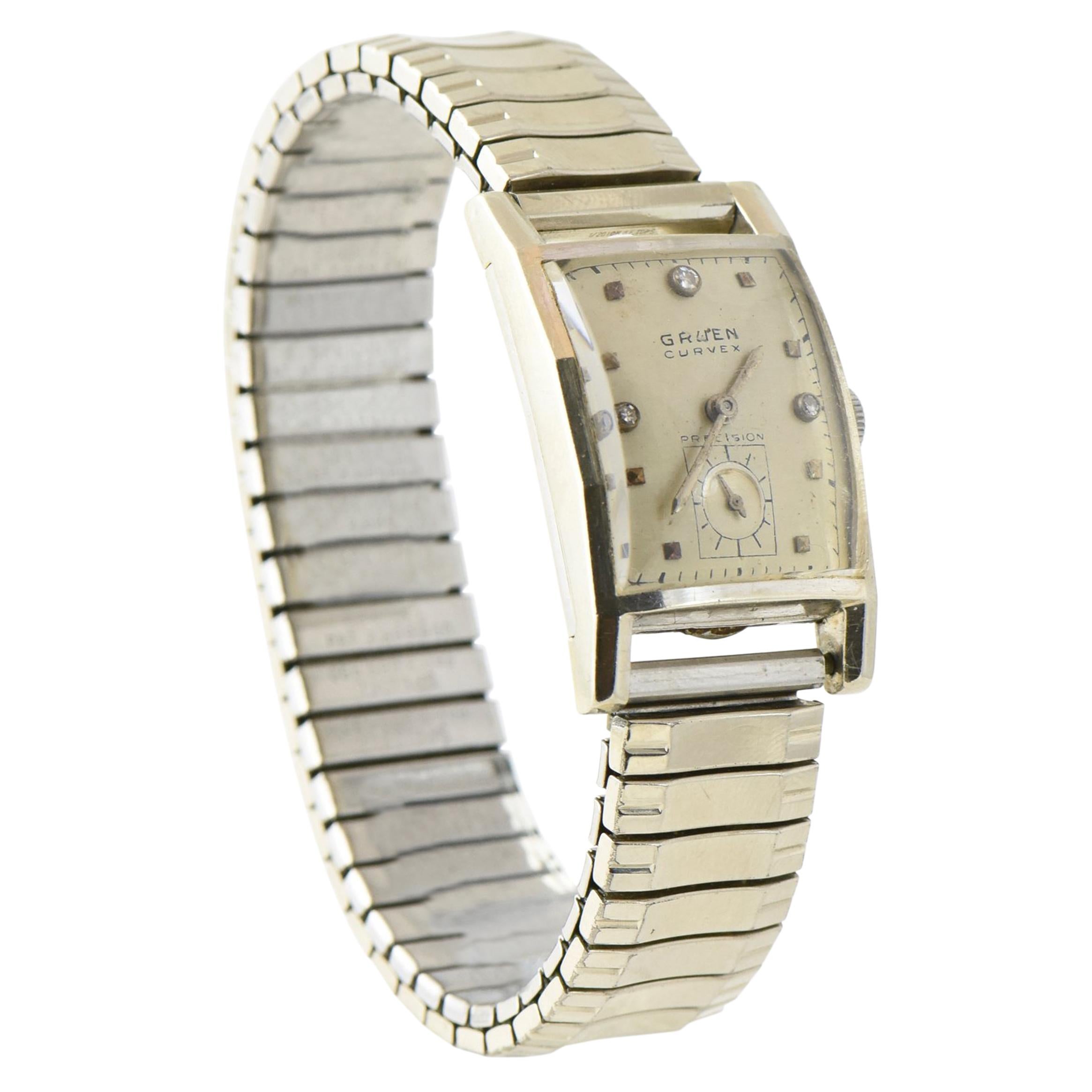 Gruen Curvex White Gold Watch with Steel Speidel Band
