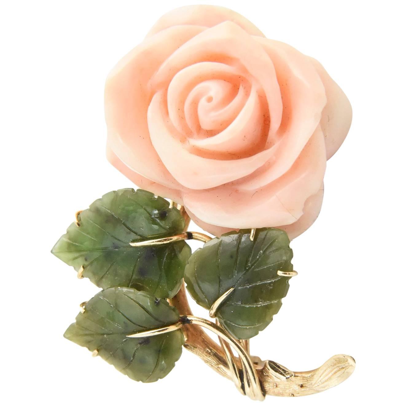 Coral Rose Flower Gold Brooch with Jade Leaves