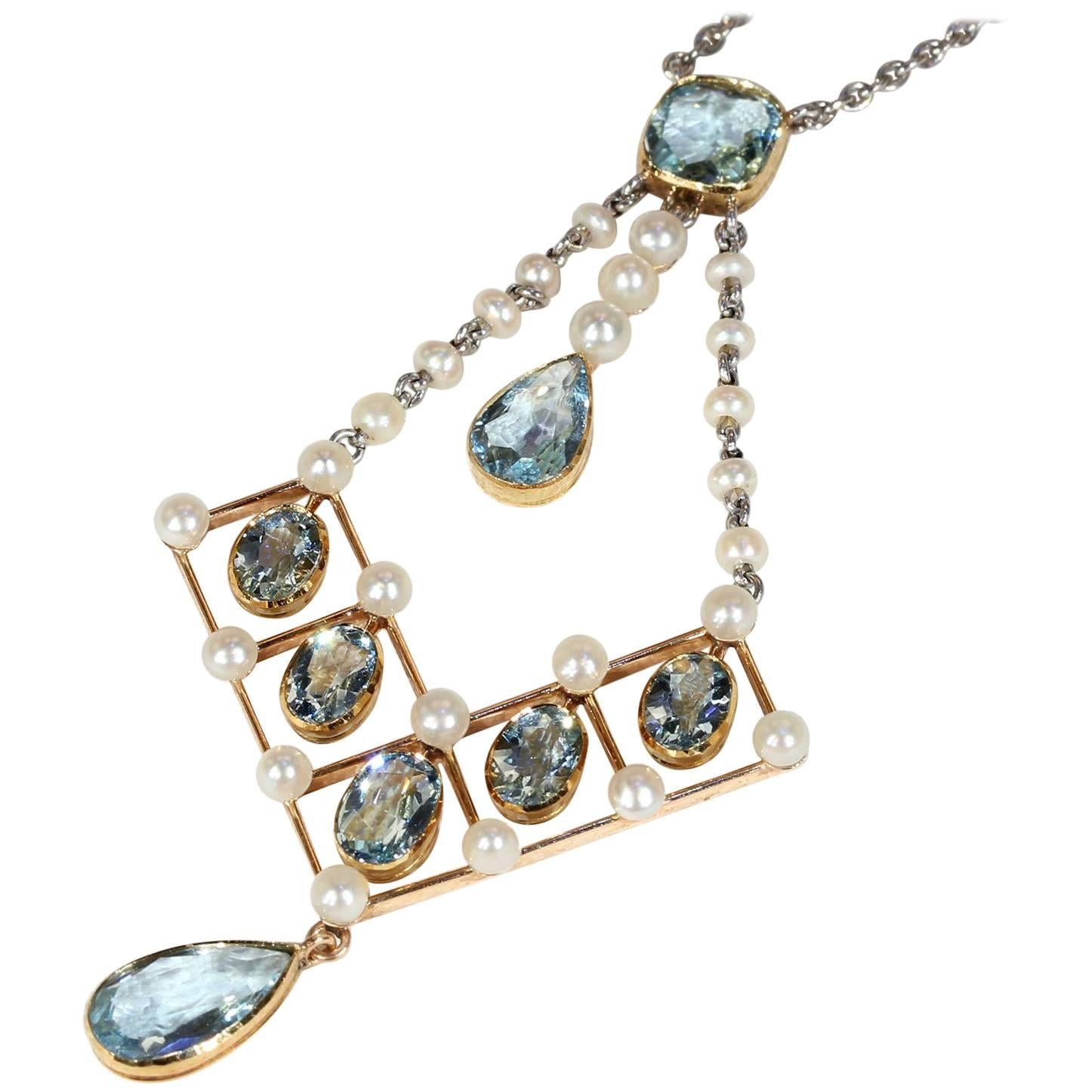Edwardian Asprey Aquamarine Pearl Necklace Original Box For Sale