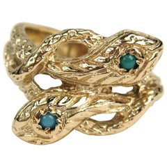 Vintage 14 Karat Gold Double Headed Turquoise Snake Wedding Band Ring