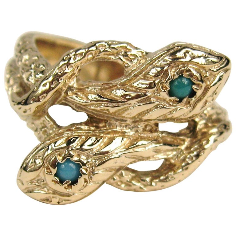 14 Karat Gold Double Headed Turquoise Snake Wedding Band Ring For Sale
