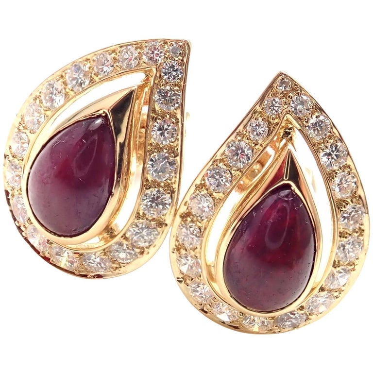 Vintage Cartier Paris Diamond Cabochon Ruby Yellow Gold Earrings at