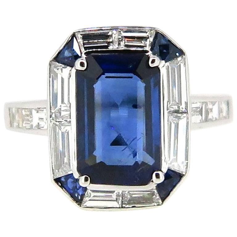 Geometric 3.01 Carat Emerald Cut Australian Sapphire and Diamond Ring For Sale
