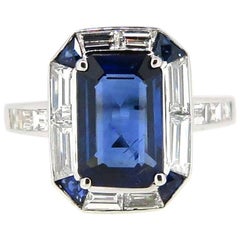 Geometric 3.01 Carat Emerald Cut Australian Sapphire and Diamond Ring