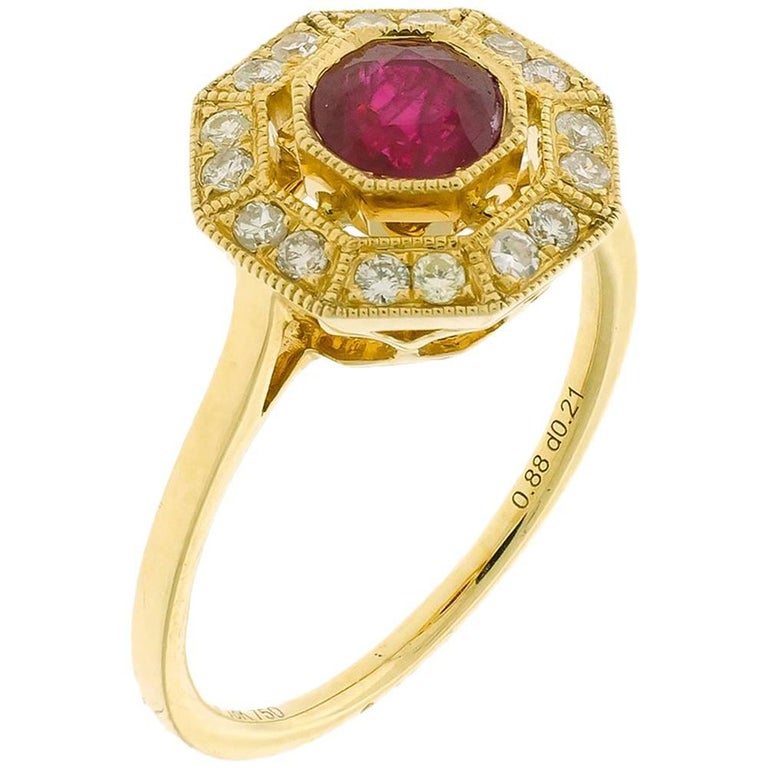 Art Deco Style Ruby Cluster Diamond 18 Carat Yellow Gold Dress Ring For